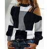 Women's Long Sleeve Off Shoulder Top Color Block Design High Neck Casual Blouse in Multi Colors