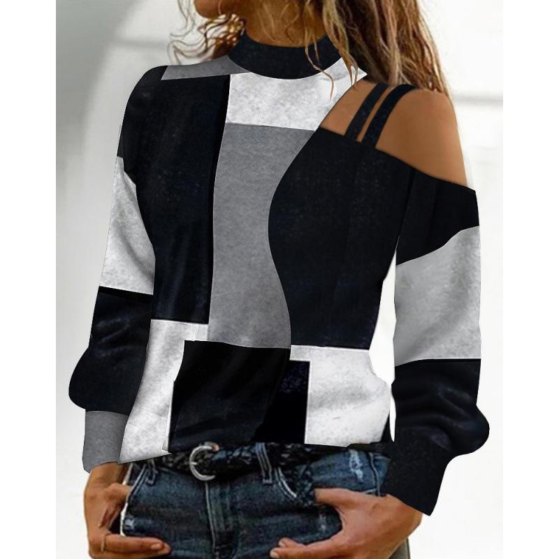 Women's Long Sleeve Off Shoulder Top Color Block Design High Neck Casual Blouse in Multi Colors