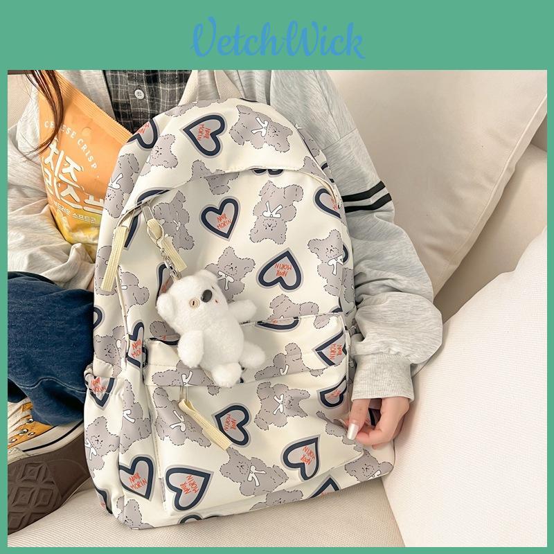 Girl Nylon Cute School Backpack With Love Heart Bear And Letters Print Design For Daily Use
