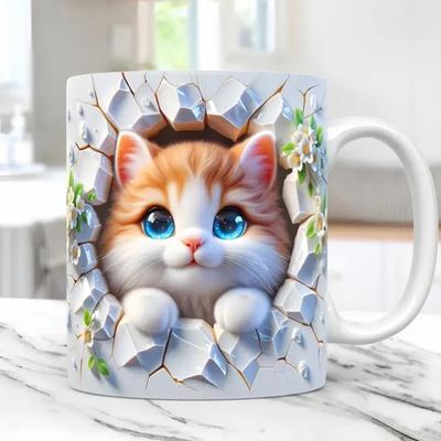 Keramiktasse mit Katzenmotiv, 325 ml, Trinkbecher aus Keramik, klassischer 3D-Bücherregal-Wasserbecher, Weihnachtsgeschenk für Katzenliebhaber