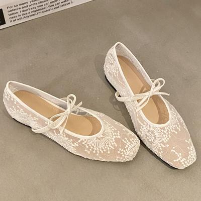 Spring Summer Flat Shoes for Women Square Head Shallow Mouth Mesh Fabric Embroidery Butterfly Knot Soft Sole Single Shoes