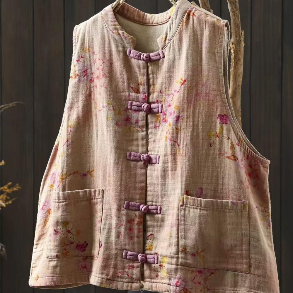 Johnature Damskie Vintage Drukowane Kwiatowe Płaszcze Guziki Zimowe Kieszenie Chiński Styl Damskie Luźne Bezrękawniki