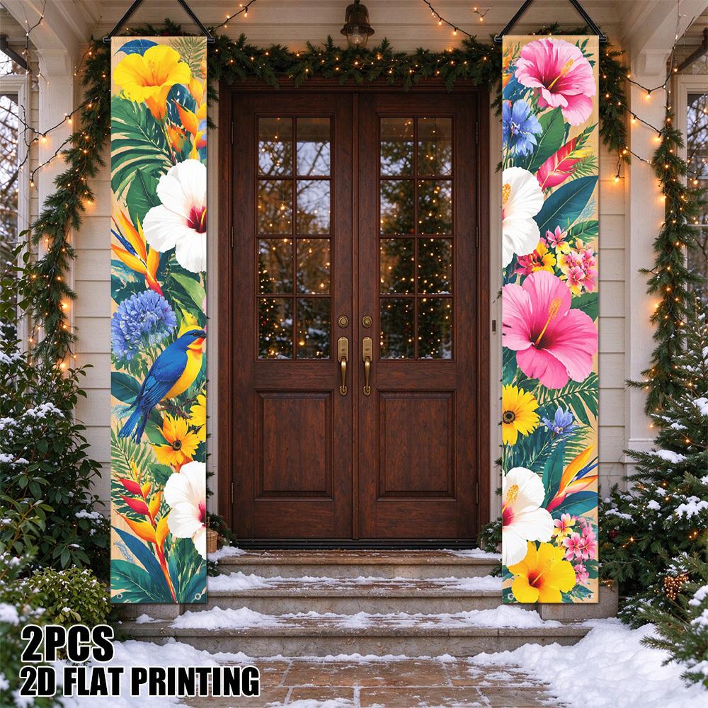 2D Flat, 2pcs Tropical Bird & Flower Porch Banner Suitable for Indoor/Outdoor Hanging Decoration - Vibrant Multicolor Hanging Couplets for Front Door,