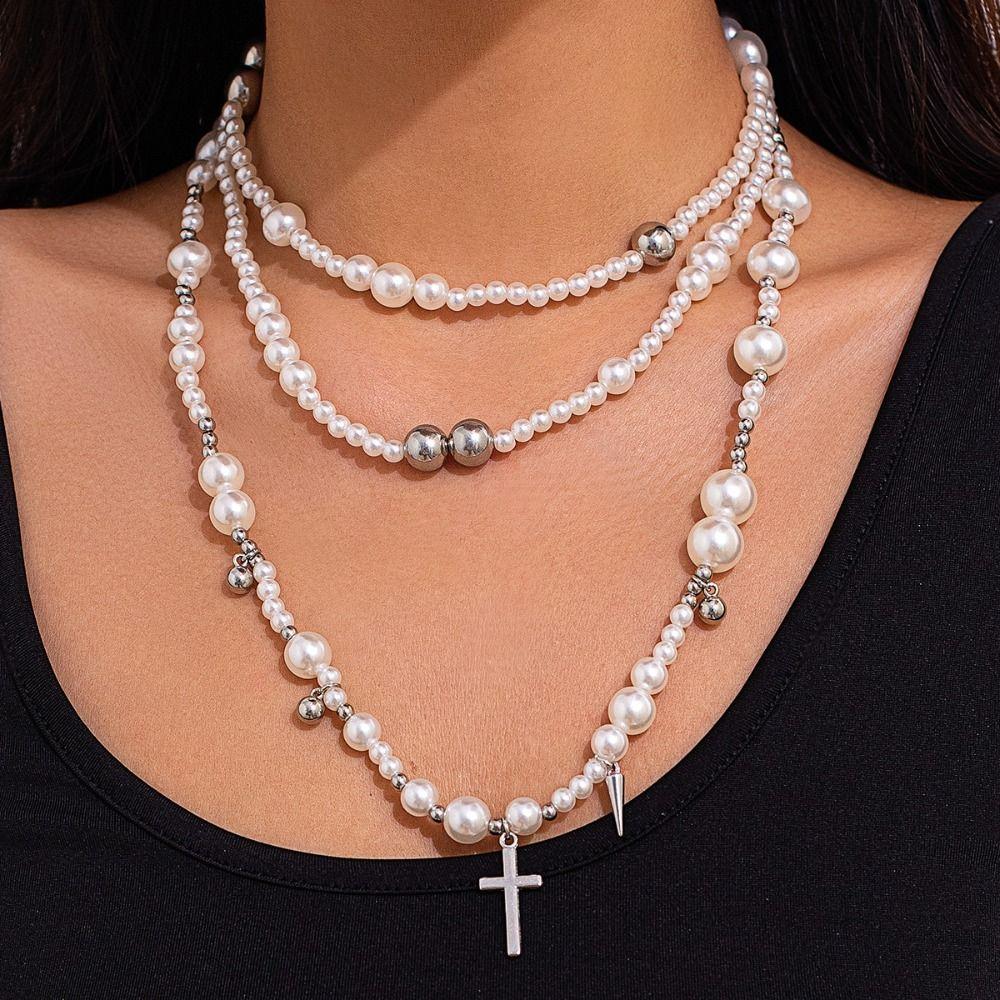 Korean Style Multi-layered Pearl Necklace Cross Women's Clavicle Chain  Women Jewelry