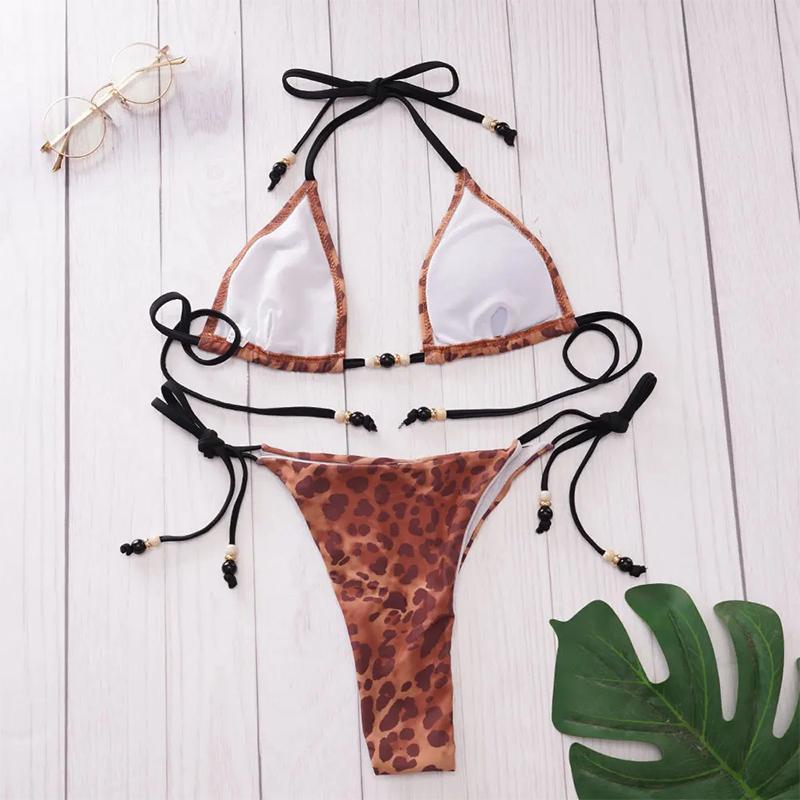 EDOLYNSA Sexy Leopard Print 3dílná sada bikin 2023 Summer Beach Wear Triangle Bikini Plavky S plážovou sukní Plavky Krycí A1554