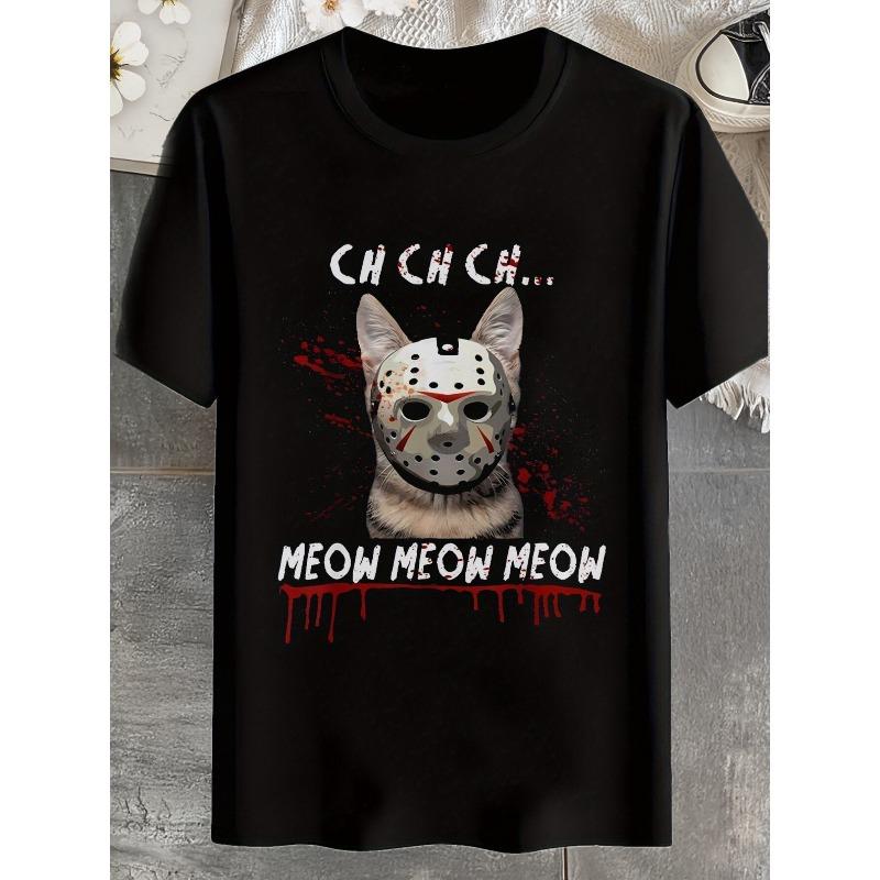 

Men S T-Shirt Featuring a Cat Horror Movie Mask Print, Perfect for Summer with a Round Neck And Short Sleeves S чёрный