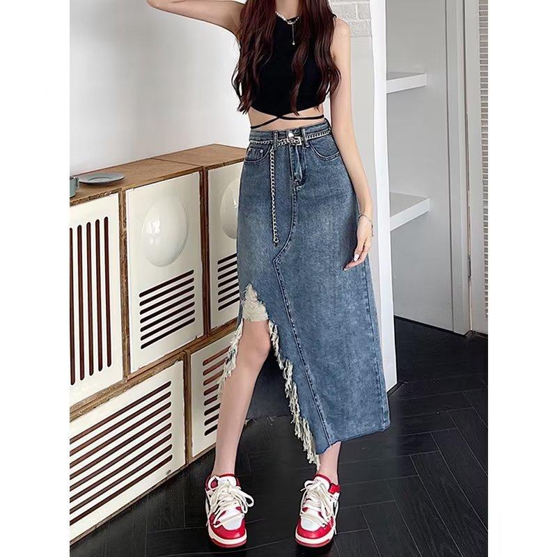 Large Size Irregular Retro Open Fork Denim Half-body Skirt Woman Summer Thin Medium-length Package Hip A Word Skirt