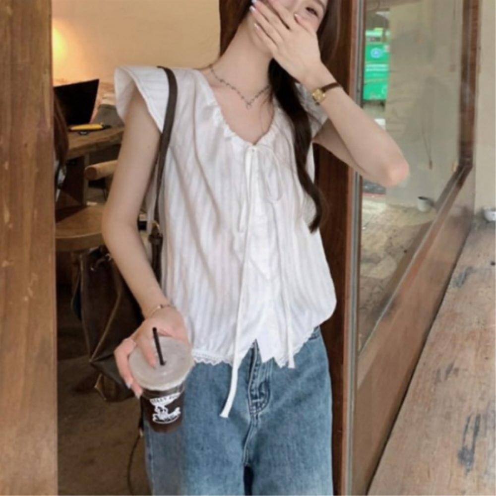 New ArrivalS Open Run Women S Ribbon Decorative Frill Cap Sleeve Shirring blouSe