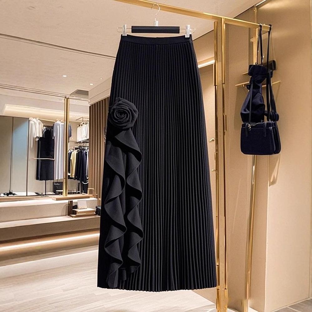 Black French Ruffle High-Waist Midi Skirt