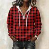 Women's Long Sleeve Pullover Hoodie with Plaid Print and Drawstring Casual Top