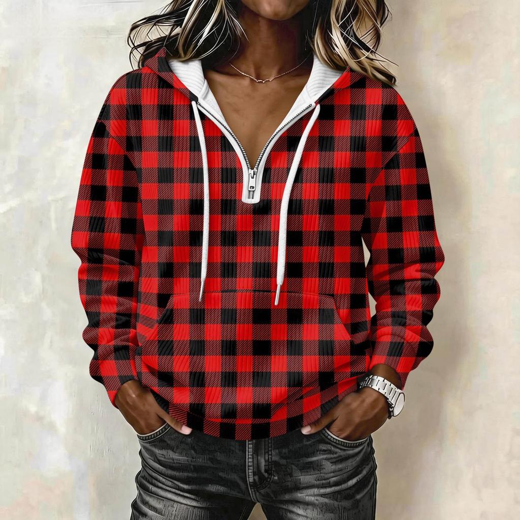 Women's Long Sleeve Pullover Hoodie with Plaid Print and Drawstring Casual Top