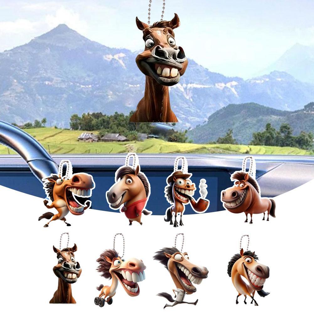 2D Funny Big Mouth Horse RearView Mirror Pendant Auto Interior Car Realistic Animal Hanging Ornament Car Interior Accessories