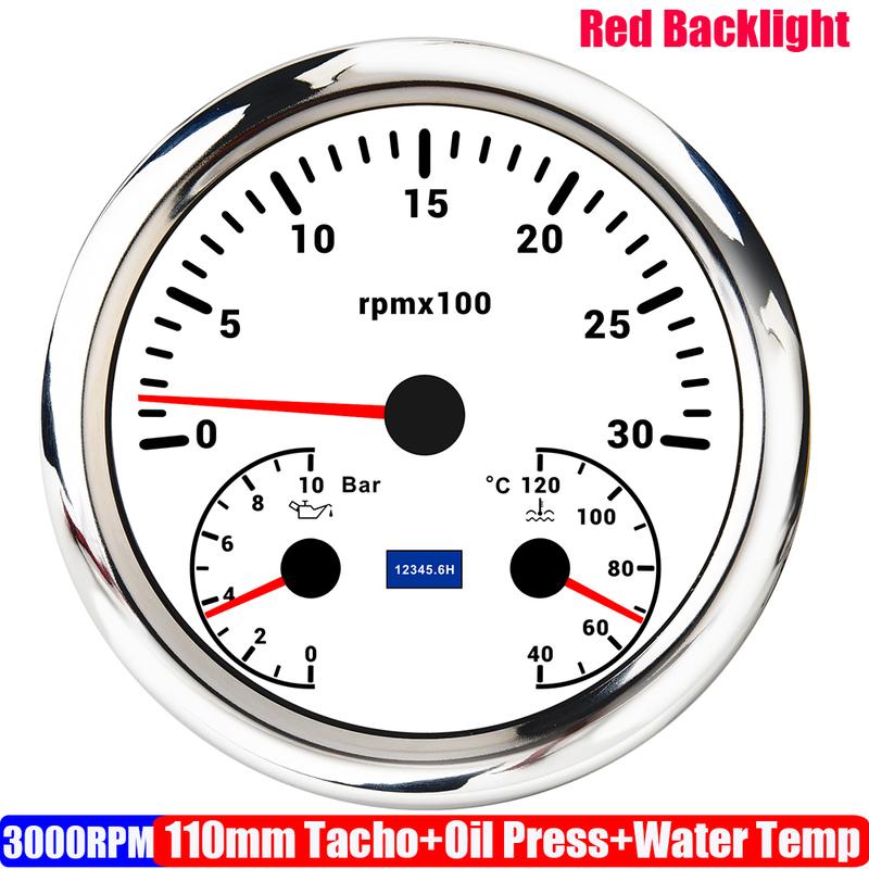 ZMFJH Multifunctional 110mm Gauge Red LED 3000-8000RPM Tachometer+Oil Pressure Gauge+Water Temperature Meter 40-120℃ Car Boat