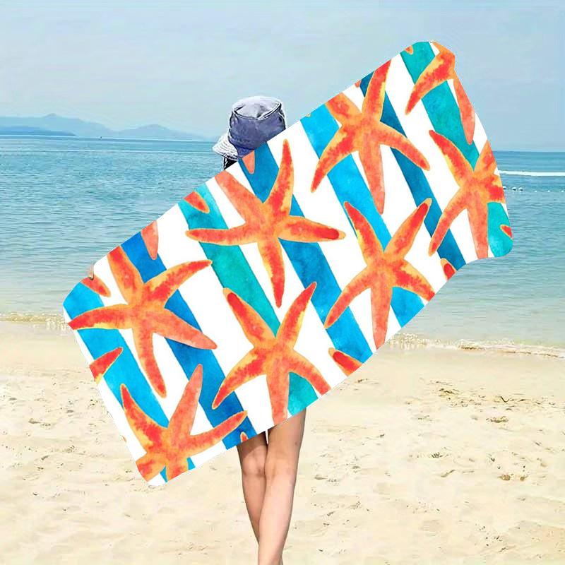 Orange Starfish Watercolor Striped Beach Towel Ocean Life Theme Quick Dry Microfiber Towel For Summer Pool