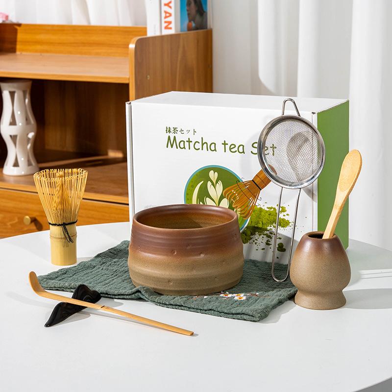 5-8pcs INS coarse pottery gradual change color tea stand matcha bowl set to order tea retro Matcha whisk set of tea tools