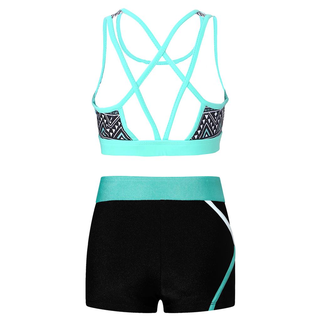 Completo Sportivo da Ragazza Senza Maniche Scollo a U Spalline Incrociate sulla Schiena Crop Top Stampato Pantaloncini a Vita Bassa Elastica