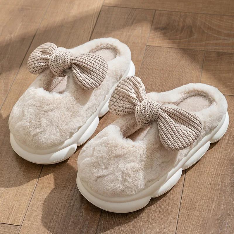 

Модные зимние женские теплые тапочки с милым бантом, осенние, противоскользящие, для дома, улицы, на плоской подошве, с толстой подошвой, модные хлопковые туфли 2025 36-37 абрикосовый