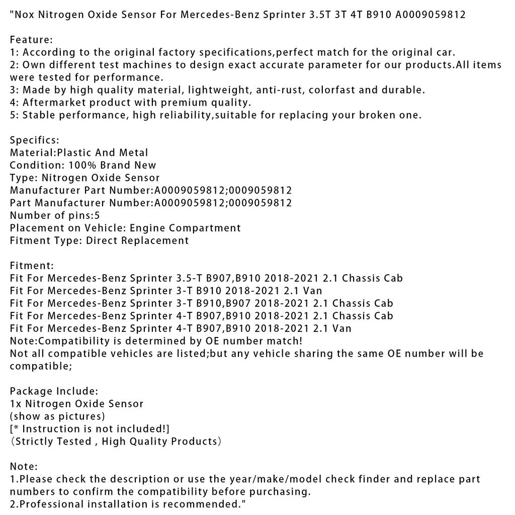 Nox Nitrogen Oxide Sensor For Mercedes-Benz Sprinter 3.5T 3T 4T B910 A0009059812