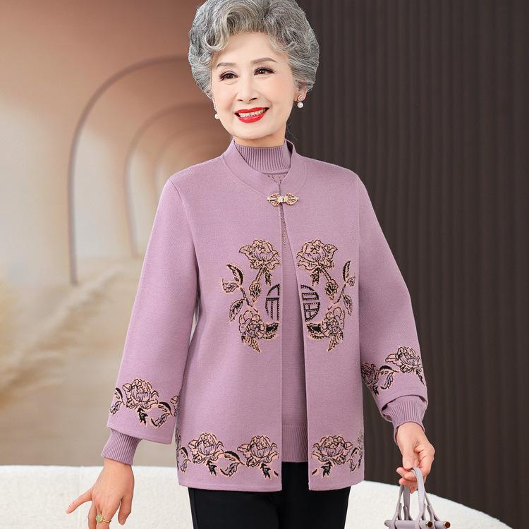 Elderly Spring and Autumn Sweater Female Grandma Two-piece Set Clothes Autumn Clothes Mother Chinese Coat Old Lady Needle
