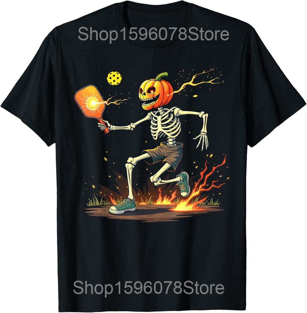 Funny Skeletons Playing Pickleball Paddle T Shirts Men Pure Cotton Humor Streetwear Tee Shirt Short Sleeve Unisex Loose Clothing