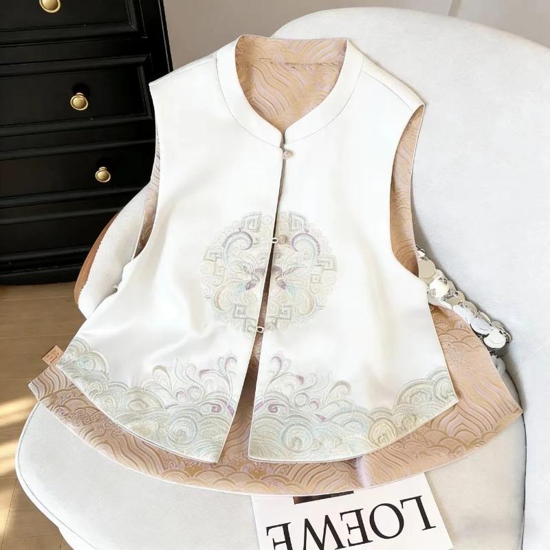 Damen chinesischer Stil bestickte Weste wendbar Jacquard Stehkragen ärmellos Weste