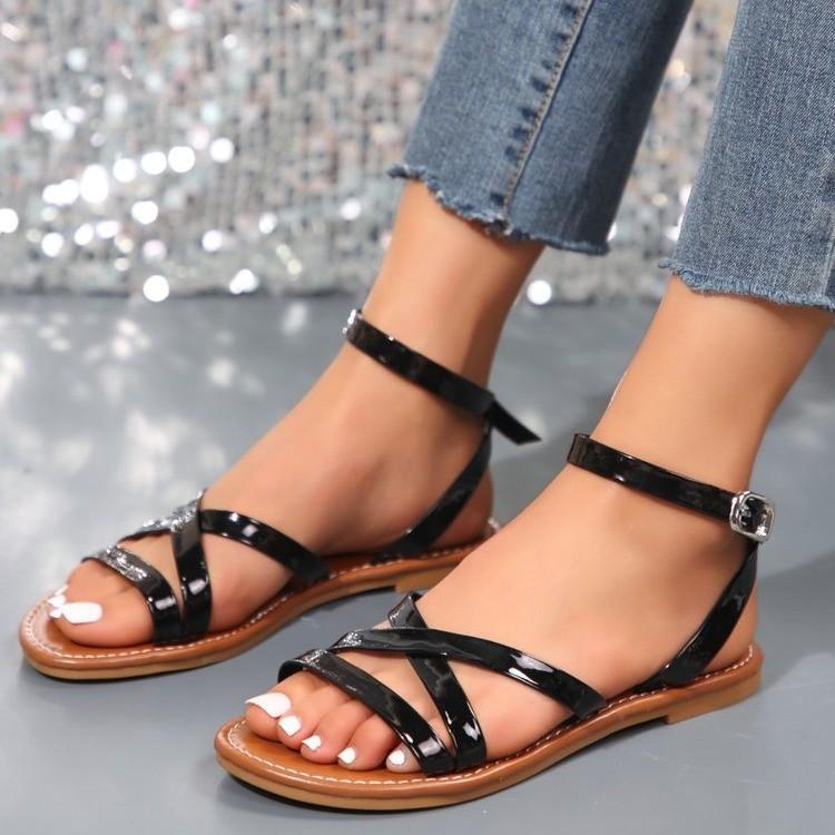 

Большие размеры повседневные сандалии с открытым носком женские летние 2025 новые сандалии с круглым носком и плоской подошвой на одной педали 43 чёрный