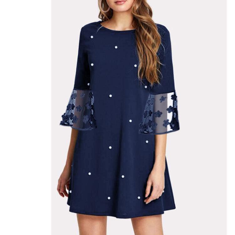 

Повседневное платье А-силуэта с рукавами-фонариками в горошек для женщин больших размеров M темно-синий