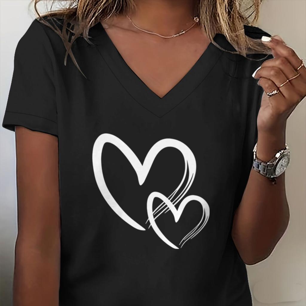 Heart Love Print Tshirt Female Ladies Harajuku Casual Tops Summer Short Sleeve Vneck Tshirt Heart Graphic Unisex Clothing