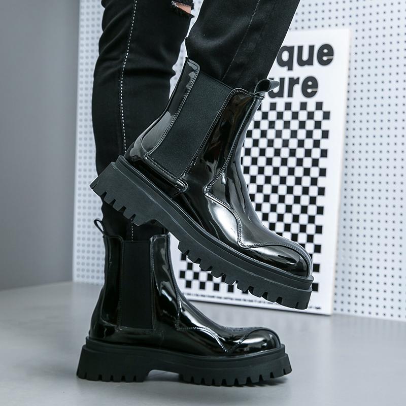 Men’s Chelsea Thick Sole Platform Punk Green Leather Boots Elevator Street Style Big Head Motorcycle Boots High Boots Plus Size