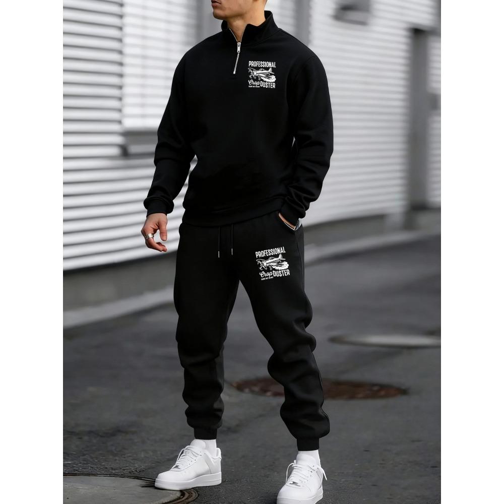 

Handsome Helicopter Pattern Print, New Men s Zipper Sports Shirt and Pants Two Piece Set, Casual and Sporty Street Style S