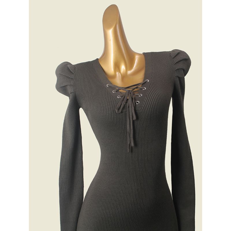 2024 Fall and Winter New Arrival Sexy V-neck Knitting Dress Women's Pure Desire Style Silm Puff Sleeves Base Narrow Short Skirt