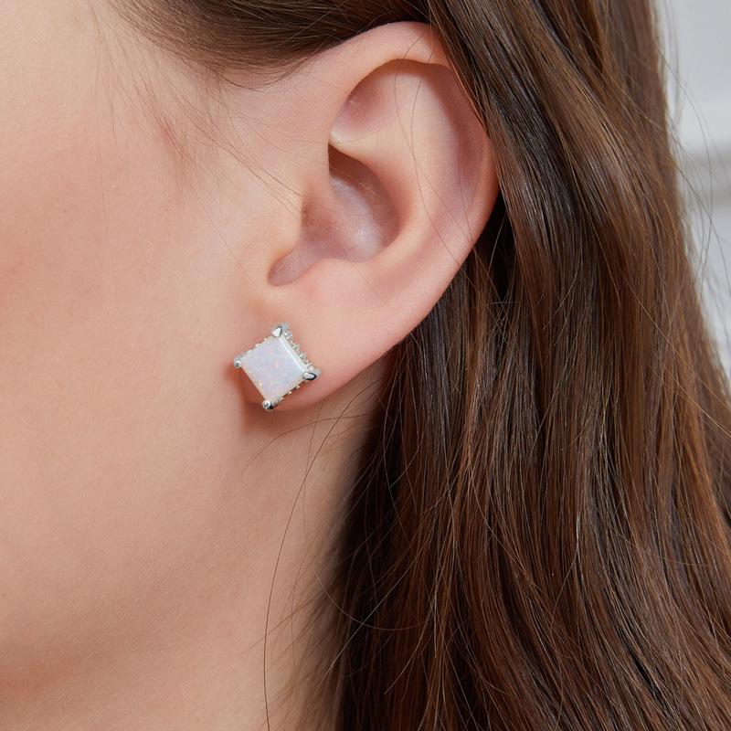 New Square Opal Stud Earrings Copper Plated Real Gold High Quality Kyocera Opal Opal Jewelry