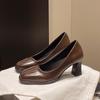 Square head high heels women's spring 2025 new design pleated versatile soft leather light mouth thick heel single shoes