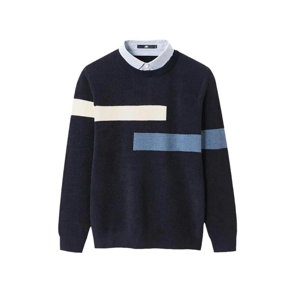 Men's Autumn Color Block Knit Pullover Sweater - Long Sleeve, Soft, Comfortable, Skin-Friendly
