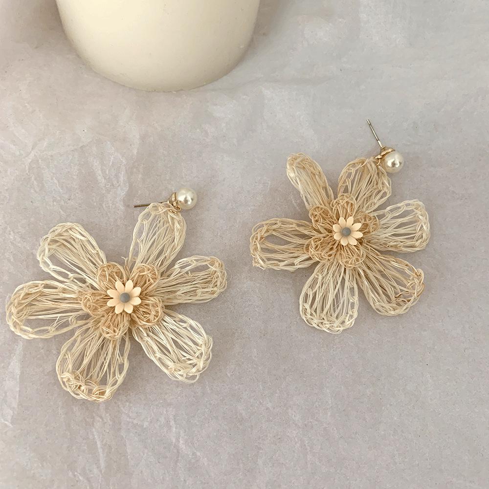 Handmade Rattan Flower Earrings - Retro Korean Style, Sweet Fairy Design