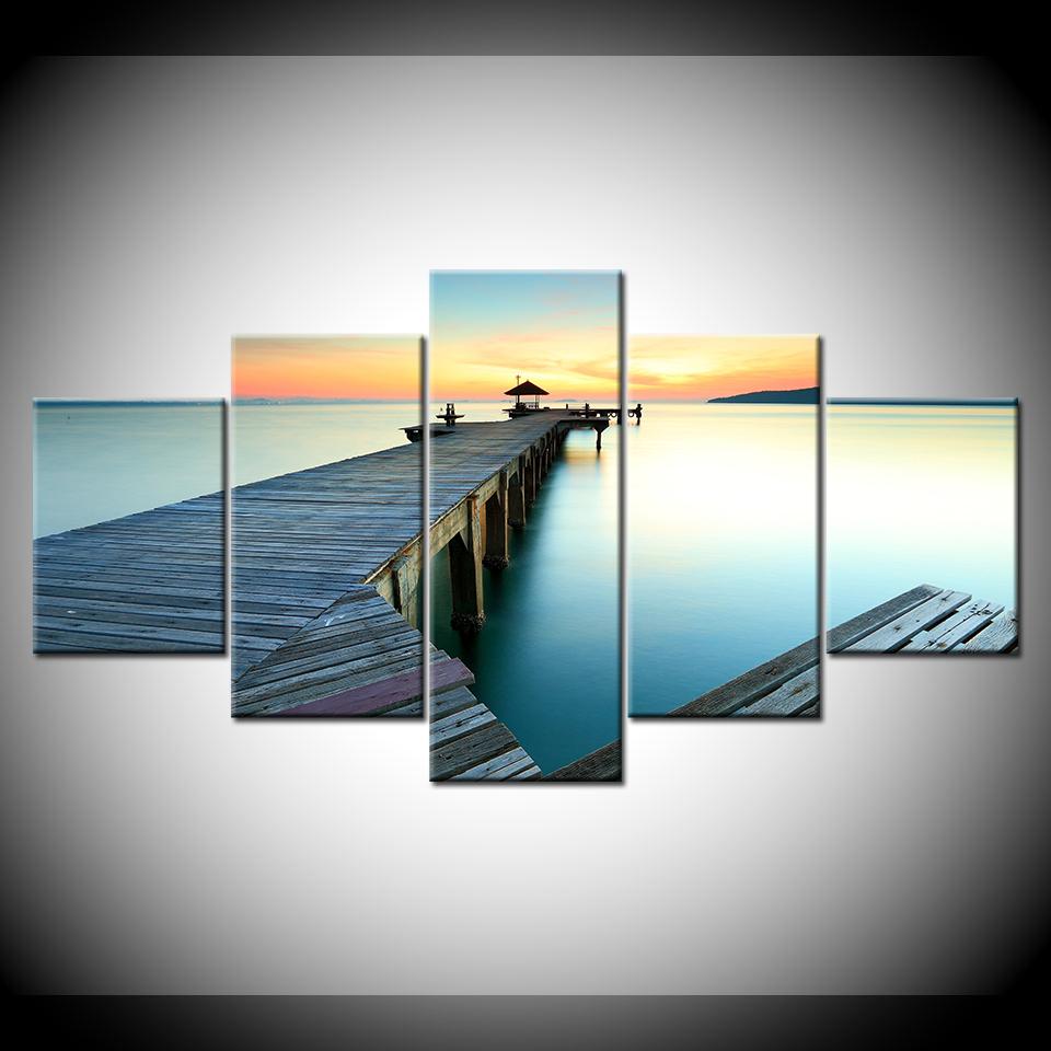 

Canvas Painting Wall Art Frame Home Decor Pictures 5 Pieces wood bridge with sunrise sea Poster Living Room HD Printed 20x35 20x45 20x55cm