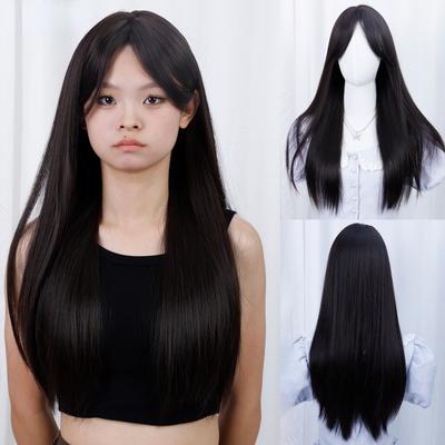 Straight Black Bangs Wig 24 Inch Fiber Synthetic Wig Heat-resistant Natural Party or Selfie For Women Daily Use Korean Fashion