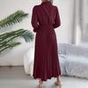 Spring Summer Women Long Sleeve Solid Pleated High Waist A Line V-Neck Long Dress