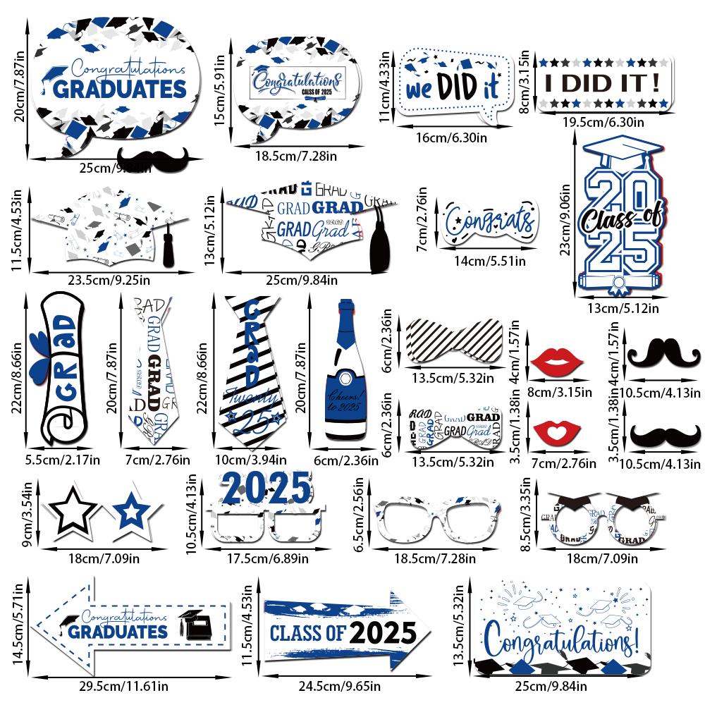 

25 шт. Реквизит для фотобудки на выпускной 2025 года Синий Красный Золотой Диплом Шапочка бакалавра Фотореквизит Выпуск 2025 Украшение для выпускной вечеринки