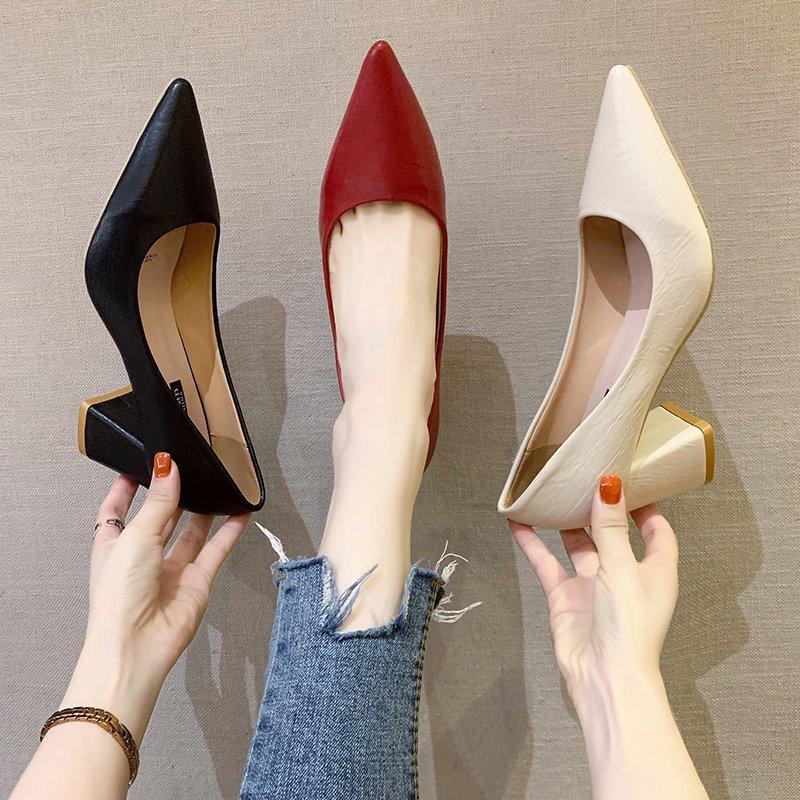 Pointed High Heels 2024 New Fashion  Chunky Heel Shallow Women Shoes Temperament Versatile Work Shoes Red Wedding Shoes pumps