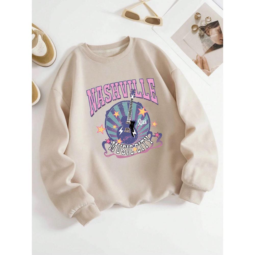 Street Damen Pullover Nashville Music Cith Poster Druck Hoodie Rundhals Locker Weiches Sweatshirt Herbst Damenkleidung
