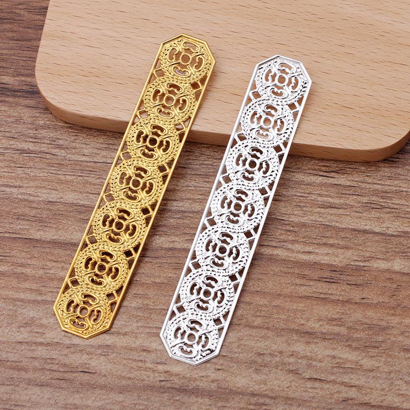 10pcs/lot 82x15mm Silver Color Copper Hollow Out Strip Flowers Filigree Wraps Connectors Charm Jewelry Making Components DIY
