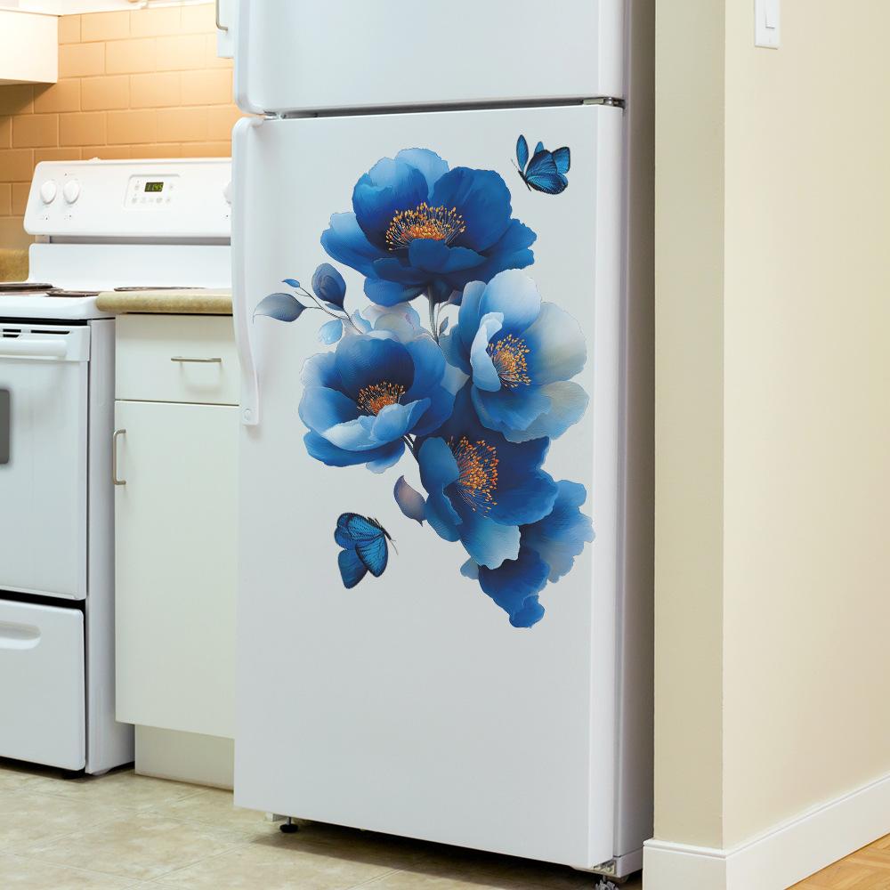 Creative and Dreamy Blue Floral Butterfly Background Wall Decoration Stickers for The Entrance Bathroom