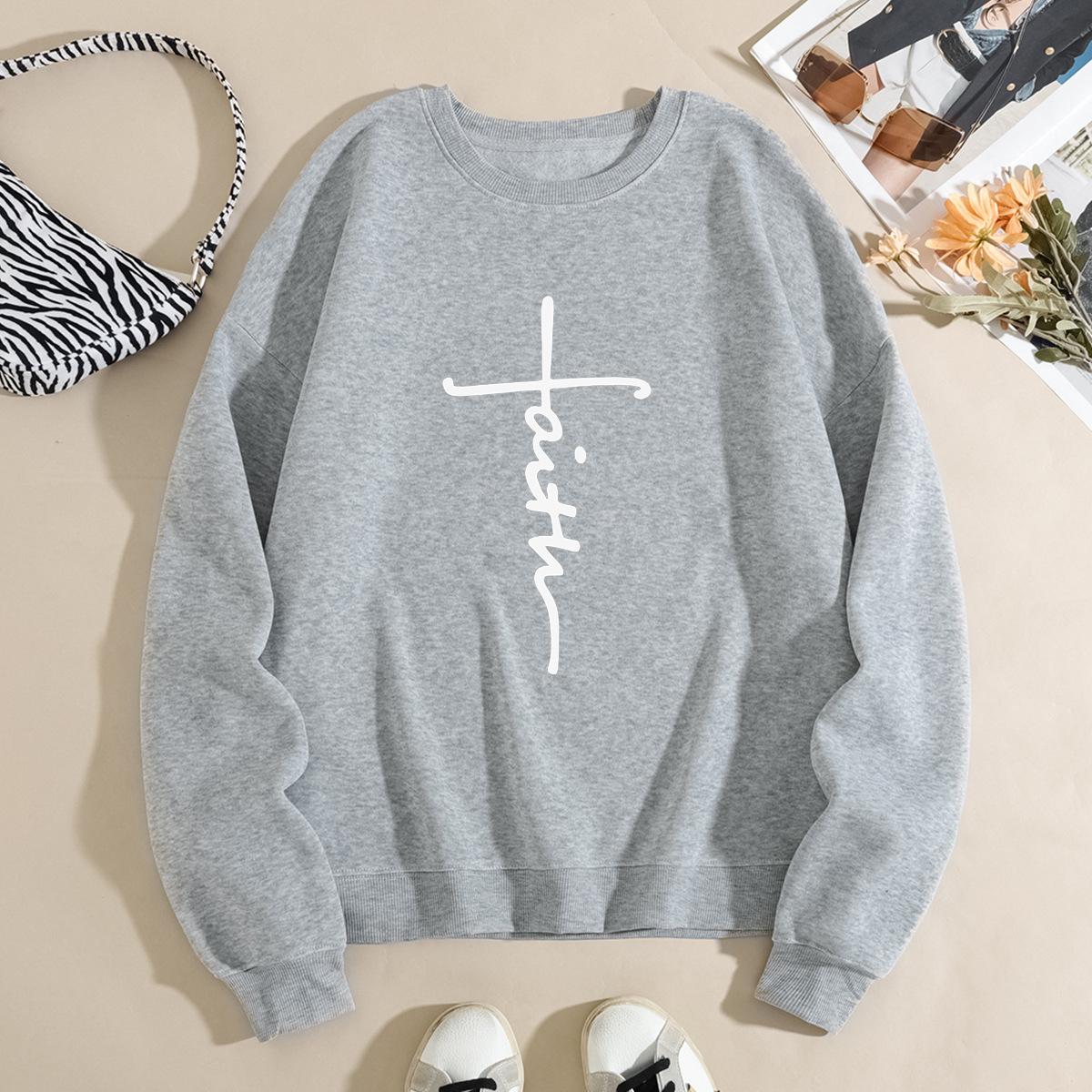 

Осенняя толстовка с надписью Вера и принтом креста, модная, повседневная, спортивная, с длинным рукавом, женская 3XL светло-серый