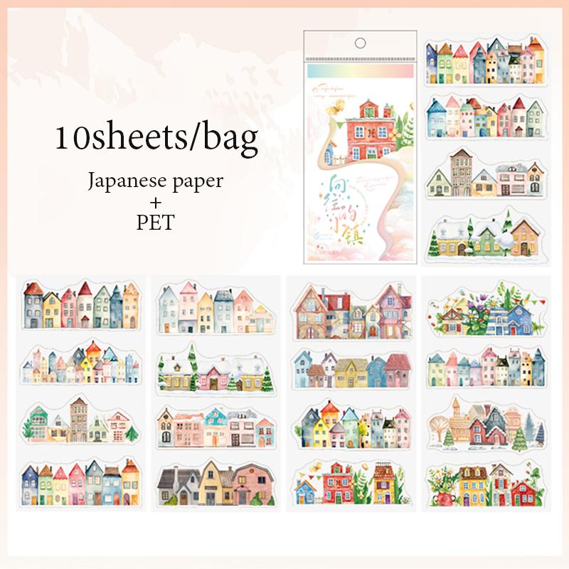 Sticker Book 10sheets/bag Rustic Town Landscaping Sticker Pack Handbook Stationery DIY Handmade  Scrapbook Diary Die Cut Sticker