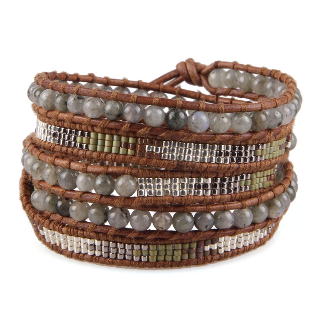 KELITCH Labradorite Green Beads Bracelet Genuine Leather New Bangle Jewelry 5-Wrap (Taupe)