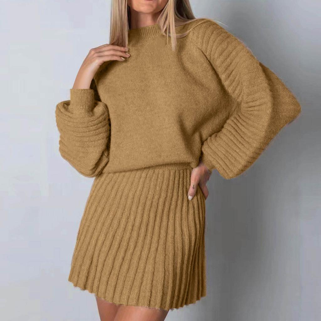 Women's Pleated Knit Skirt Set 2 Piece Knit Outfits Long Sleeve Top Pleated Skirt Set Sweater Sweatsuit Fall Winter Outfits