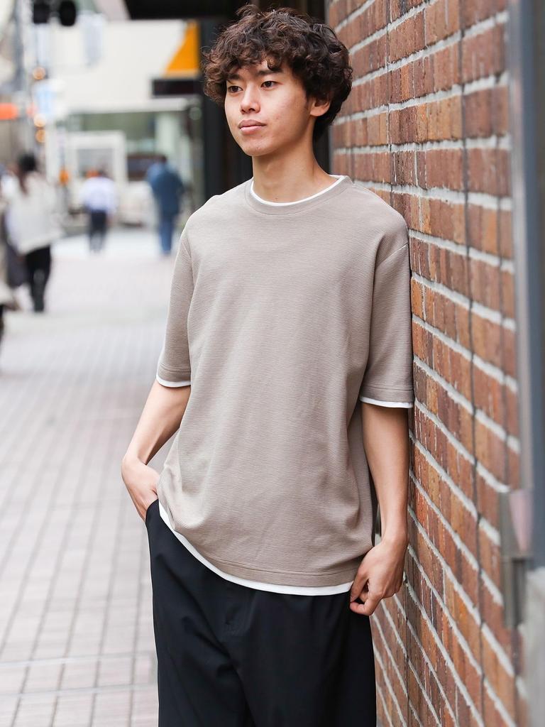 Beams Heart Men's S/S Tee, Cool-to-the-touch Ripple Faux Layered T-Shirt, Beige, Medium, 42040349639