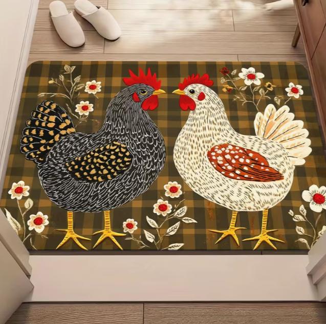 

Two Symmetrical Chicken Heads with Black Letters Che for Chien Shit in The Paw Retro Woodcut Style Doormat Holiday Decoration 40cm x 60cm
