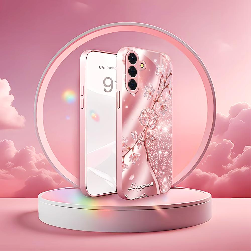 Pink Glitter Crystal Rose phone case s26 ultra case quad lock glass for Samsung Galaxy S26 S25 S24 S23 S22 FE Ultra Plus